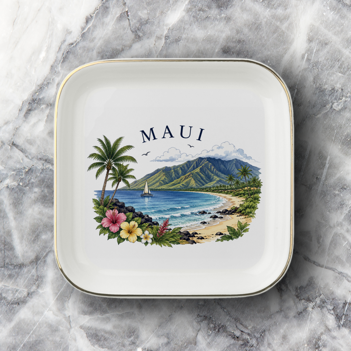 Maui Jewelry Dish, Hawaiian Island Trinket Tray, Sourvenir Ring Holder, Travel Gift, Gold Trim Ceramic Catchall