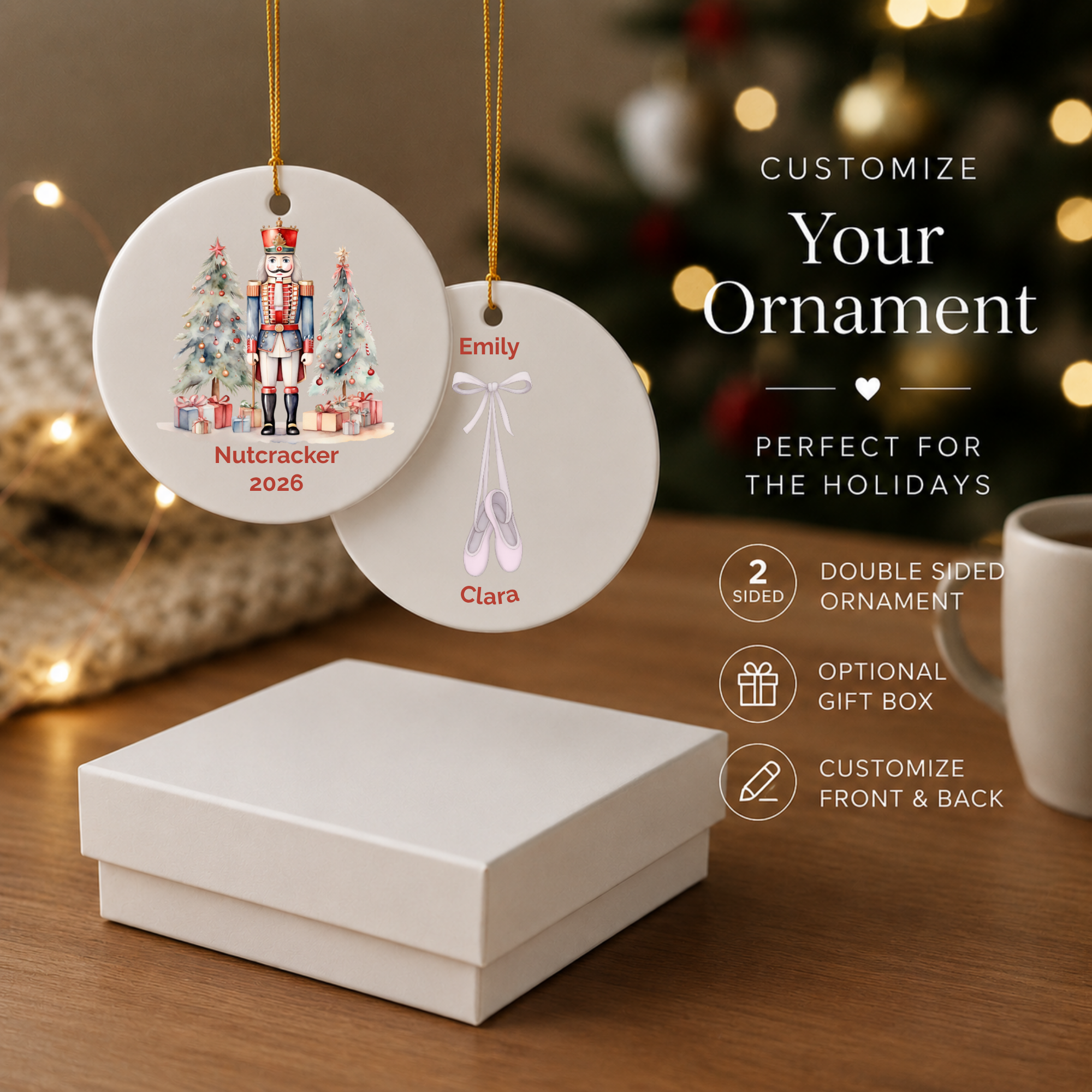 Personalized Nutcracker Ballet Ornament: Double-Sided Ceramic Decoration Ornament, (1pc), Available with Gift Box