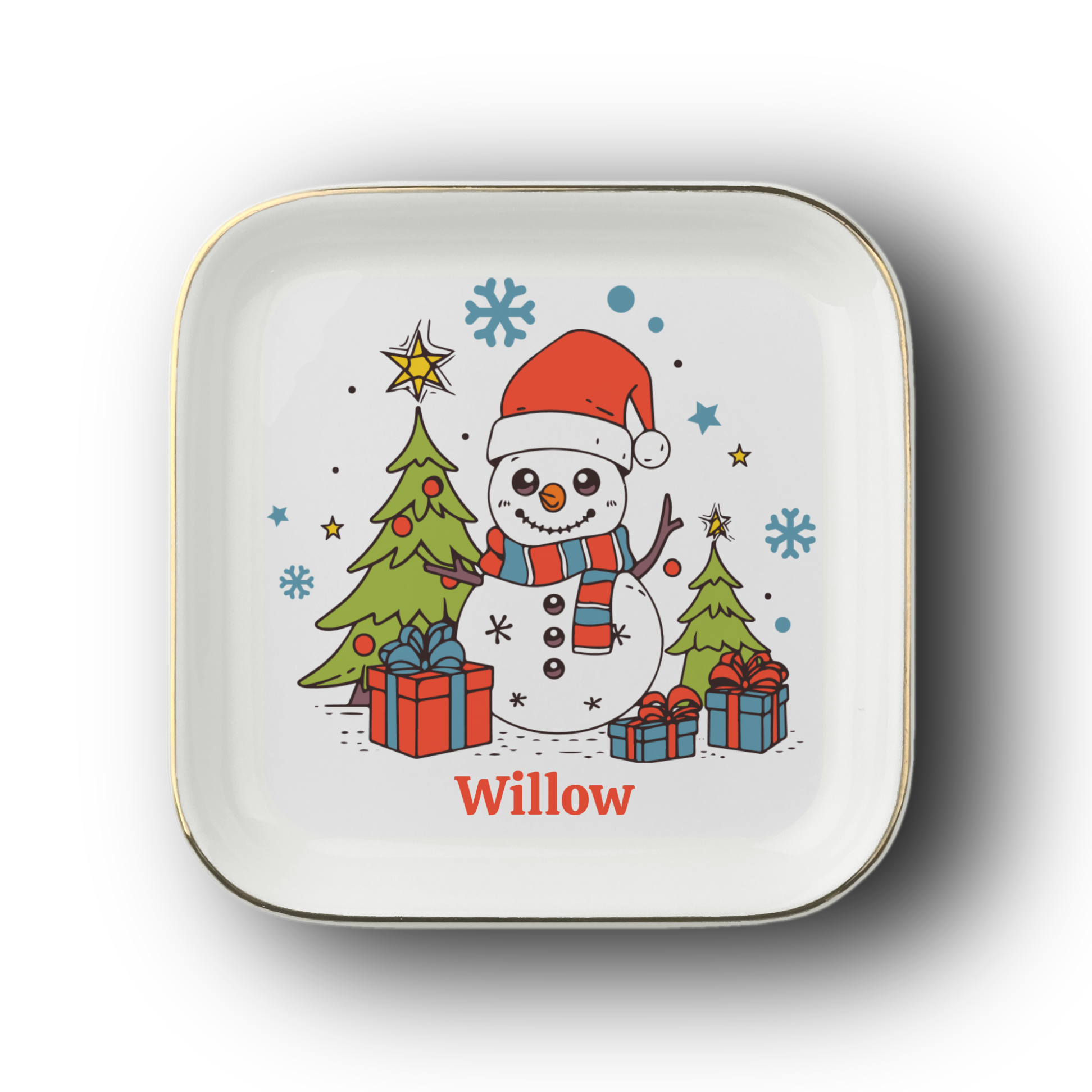 Personalized Christmas Jewelry Dish, Snowman Ring Holder, Winter Tree Trinket Tray, Holiday Gift Ceramic Dish