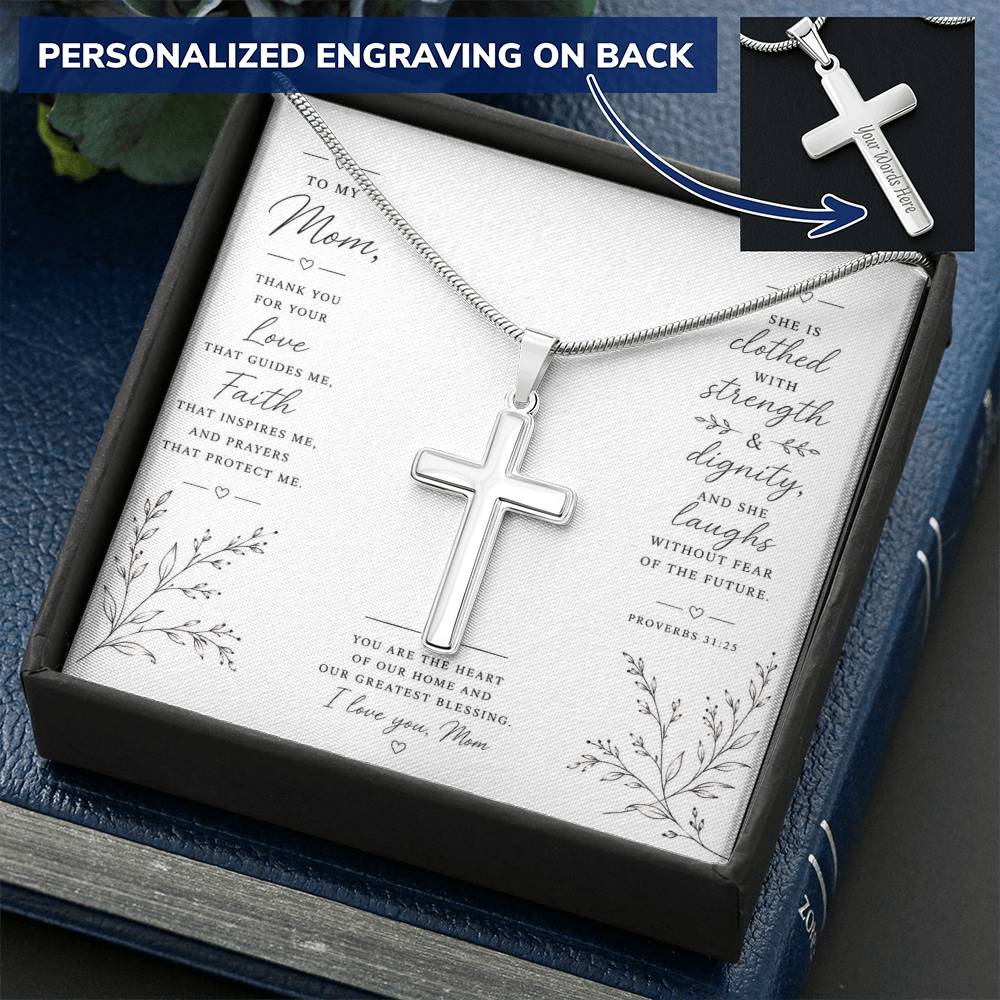 Personalized Cross Necklace for Mom, Christian Faith Jewelry, Mother's Day Gift, Proverbs 31:25 Religious Pendant