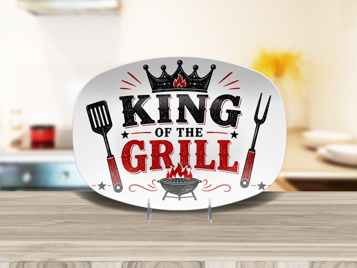 King of the Grill Platter Father's Day Gift, Barbecue Serving Dish, Grill Master Present, Backyard BBQ Decor, Oval Grilling Tray for Cookouts and Entertaining