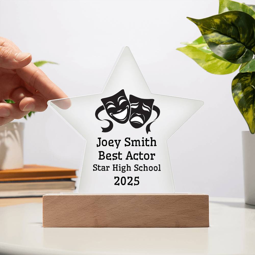 Best Actor Award – Personalized Acrylic Star Plaque with Theater Masks, Name, High School & Year