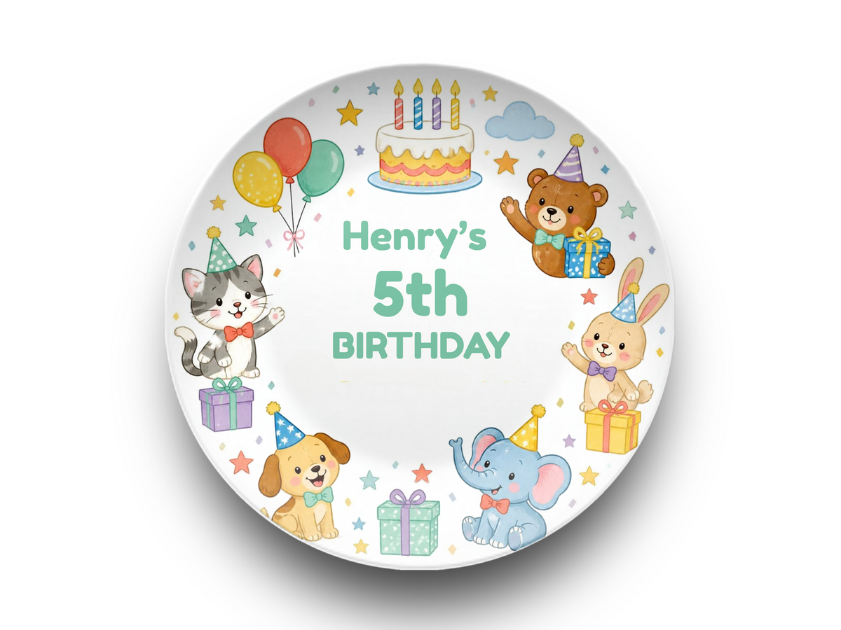 5th Birthday Plate, Personalized Kids Birthday Party Decoration, Bear, Bunny, Cat, Puppy & Elephant Design, UNBREAKABLE – Not Ceramic