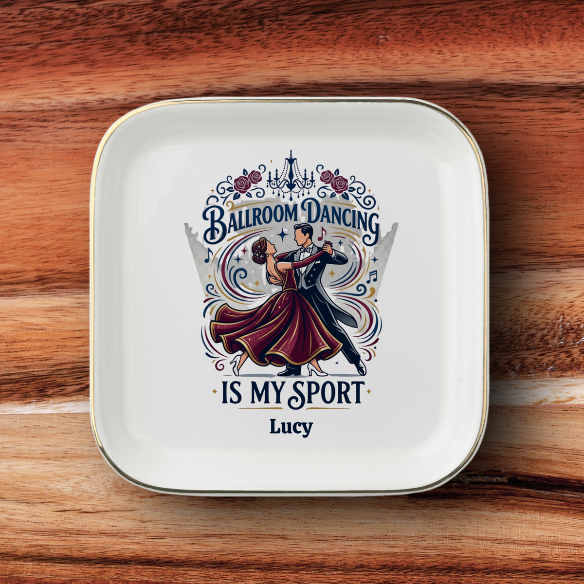 Personalized Ballroom Dancing Jewelry Dish, Dancer Gift, Dance Lover Tray, Ceramic Ring Holder, Ballroom Dance Decor, Gold Trim Keepsake Dish