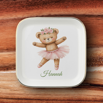 Personalized Ballerina Bear Jewelry Dish, Floral Teddy Bear Trinket Tray, Custom Name Keepsake Gift for Girl, Nursery Decor Accessory