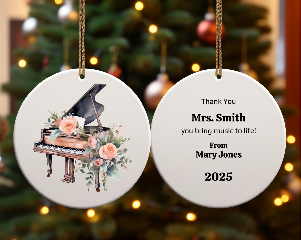 Personalized Grand Piano Ornament, Floral Music Teacher Gift, 2-Sided Ceramic Christmas Ornament with Gold Cord, Custom Name & Year