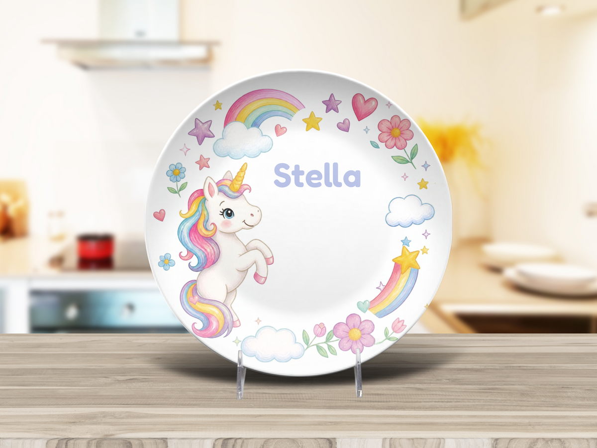 Unicorn Plate, Personalized Rainbow Unicorn Decor, Magical Name Plate, Durable Kids Room Gift, UNBREAKABLE – Not Ceramic