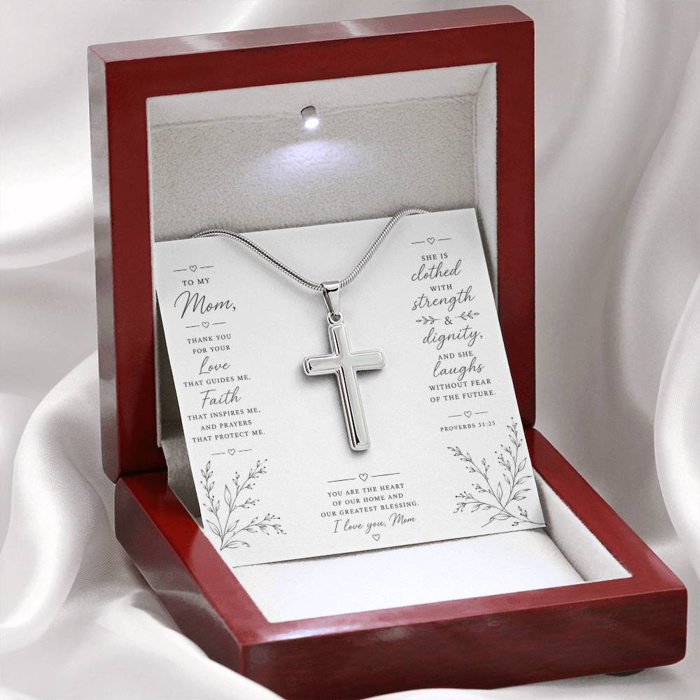 Personalized Cross Necklace for Mom, Christian Faith Jewelry, Mother's Day Gift, Proverbs 31:25 Religious Pendant