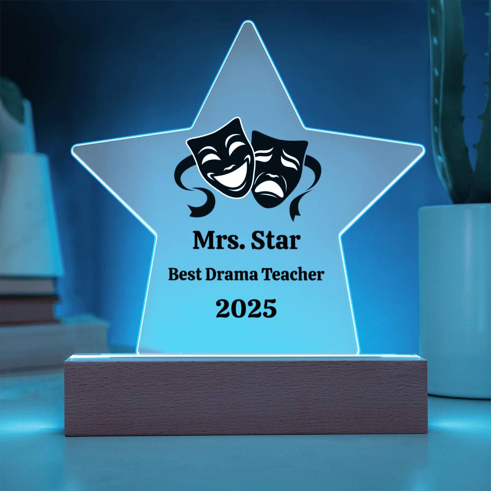 Personalized Acrylic Star Award – Custom Theater Masks Plaque for Teachers, Students, or Performers
