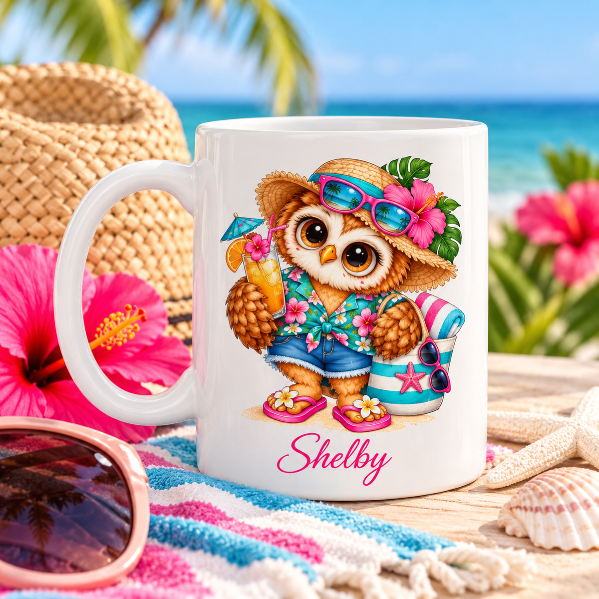 Beach Owl Coffee Mug, Tropical Owl Gift, Summer Bird Lover Mug, Cute Vacation Coffee Cup, Owl Lover Gift, 11oz or 15oz