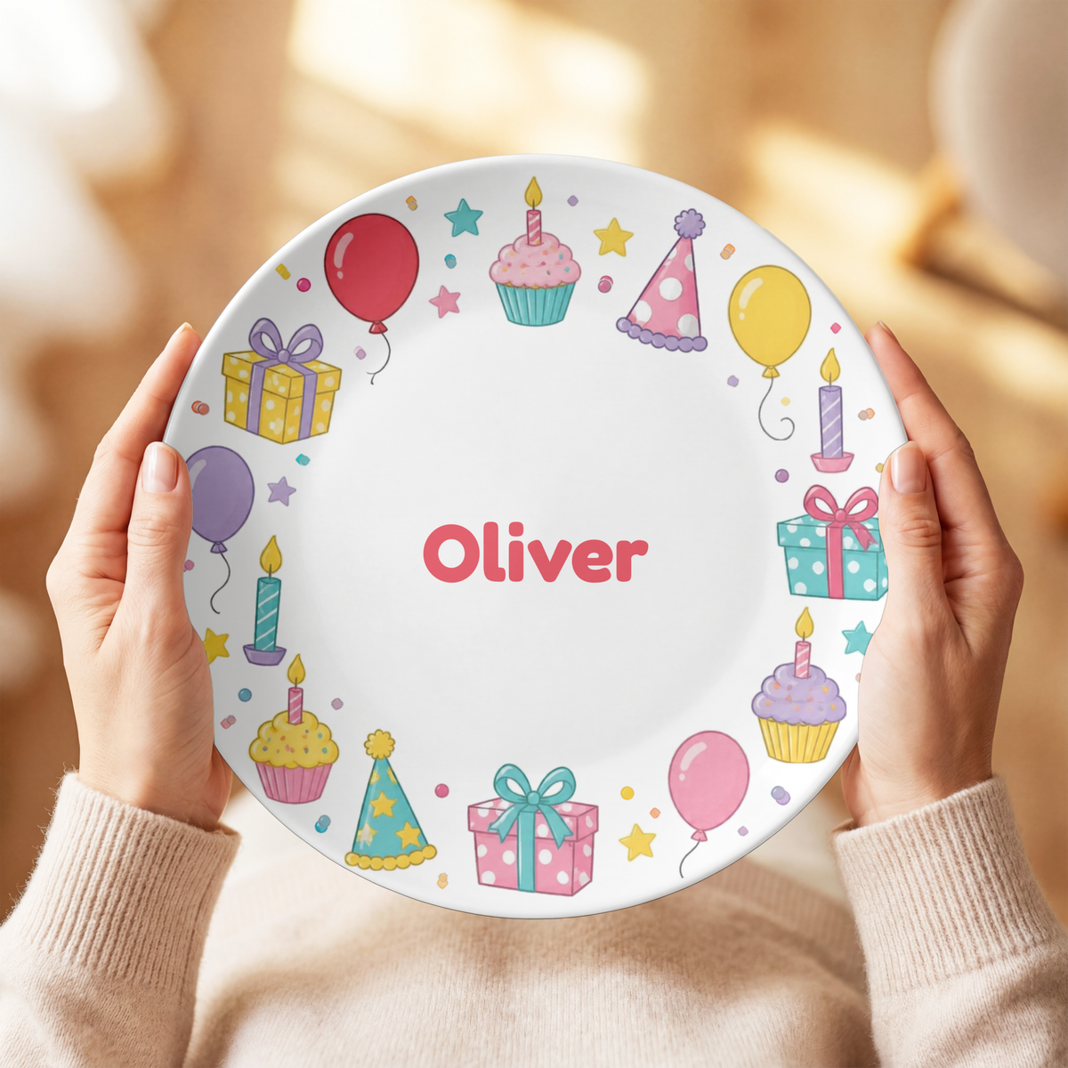 Kids Birthday Party Plate, Colorful Balloon and Gift Design, Unbreakable Personalized Kids Plate, Dishwasher Safe Party Tableware Gift