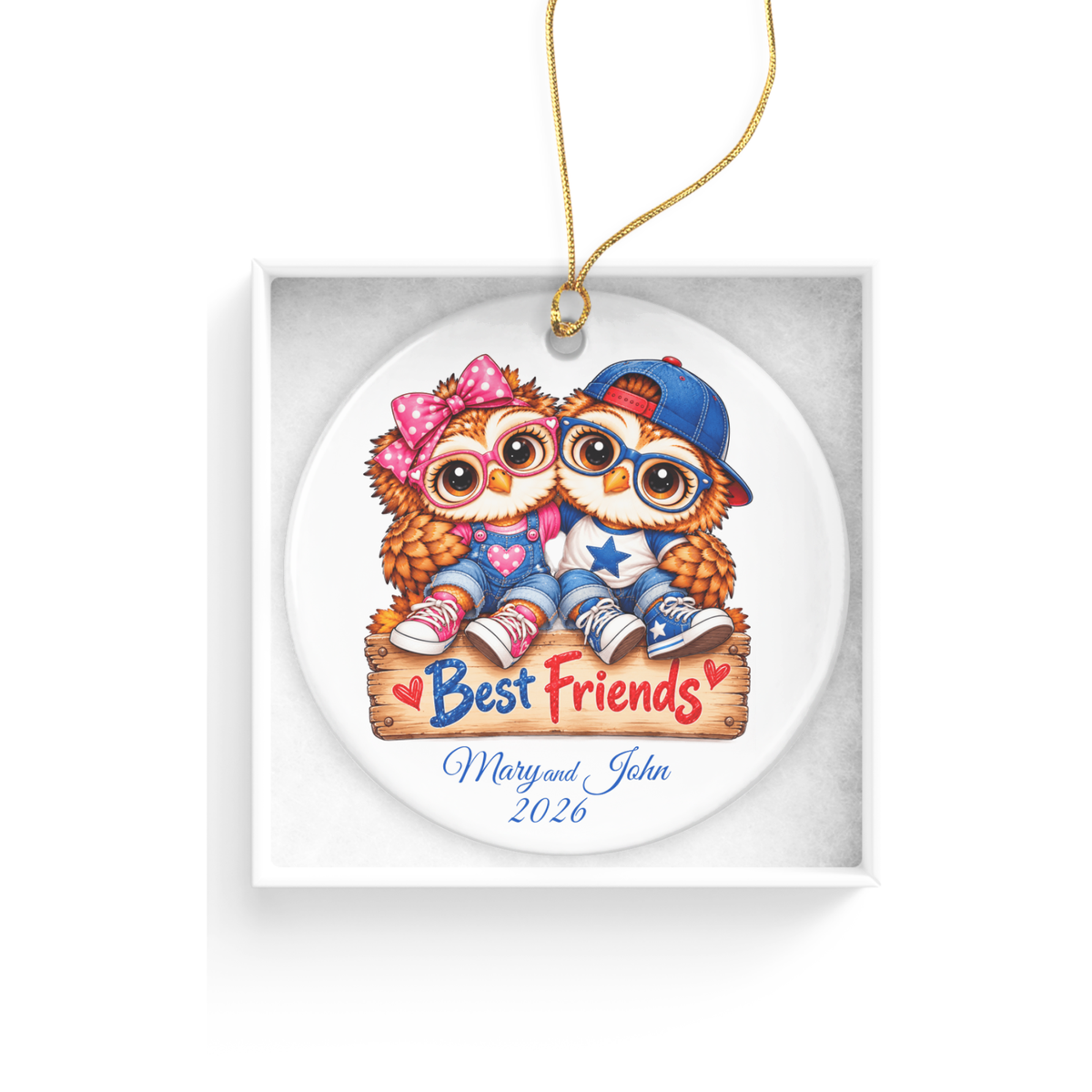 Personalized Best Friends Owl Ornament, Boy & Girl Best Friend Gift, Custom Names & Year Christmas Keepsake