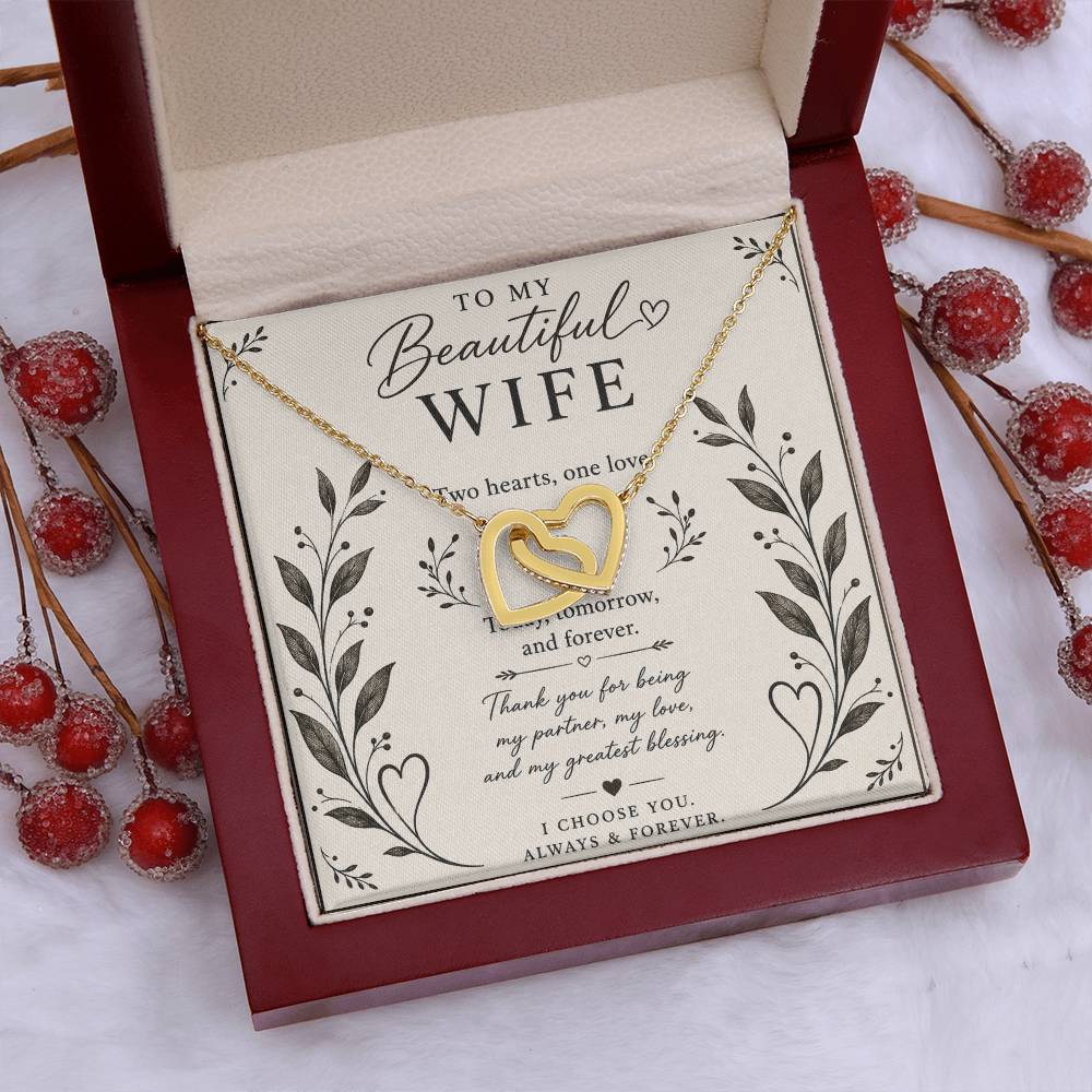 To My Beautiful Wife Interlocking Hearts Necklace, Romantic Anniversary Gift, Two Hearts One Love Jewelry