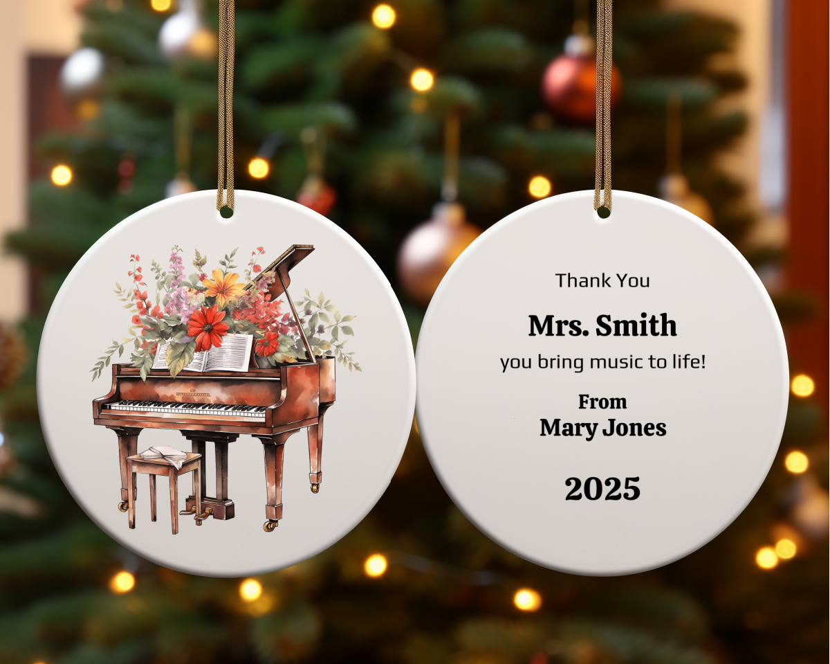 Personalized Grand Piano Ornament, Floral Music Teacher Gift, 2-Sided Ceramic Christmas Ornament with Gold Cord, Custom Name & Year