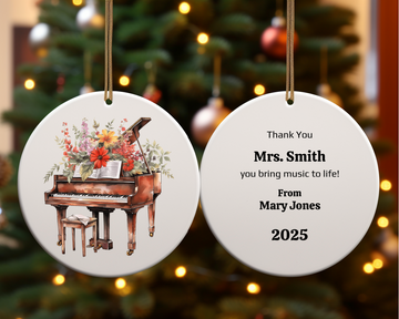 Personalized Grand Piano Ornament, Floral Music Teacher Gift, 2-Sided Ceramic Christmas Ornament with Gold Cord, Custom Name & Year