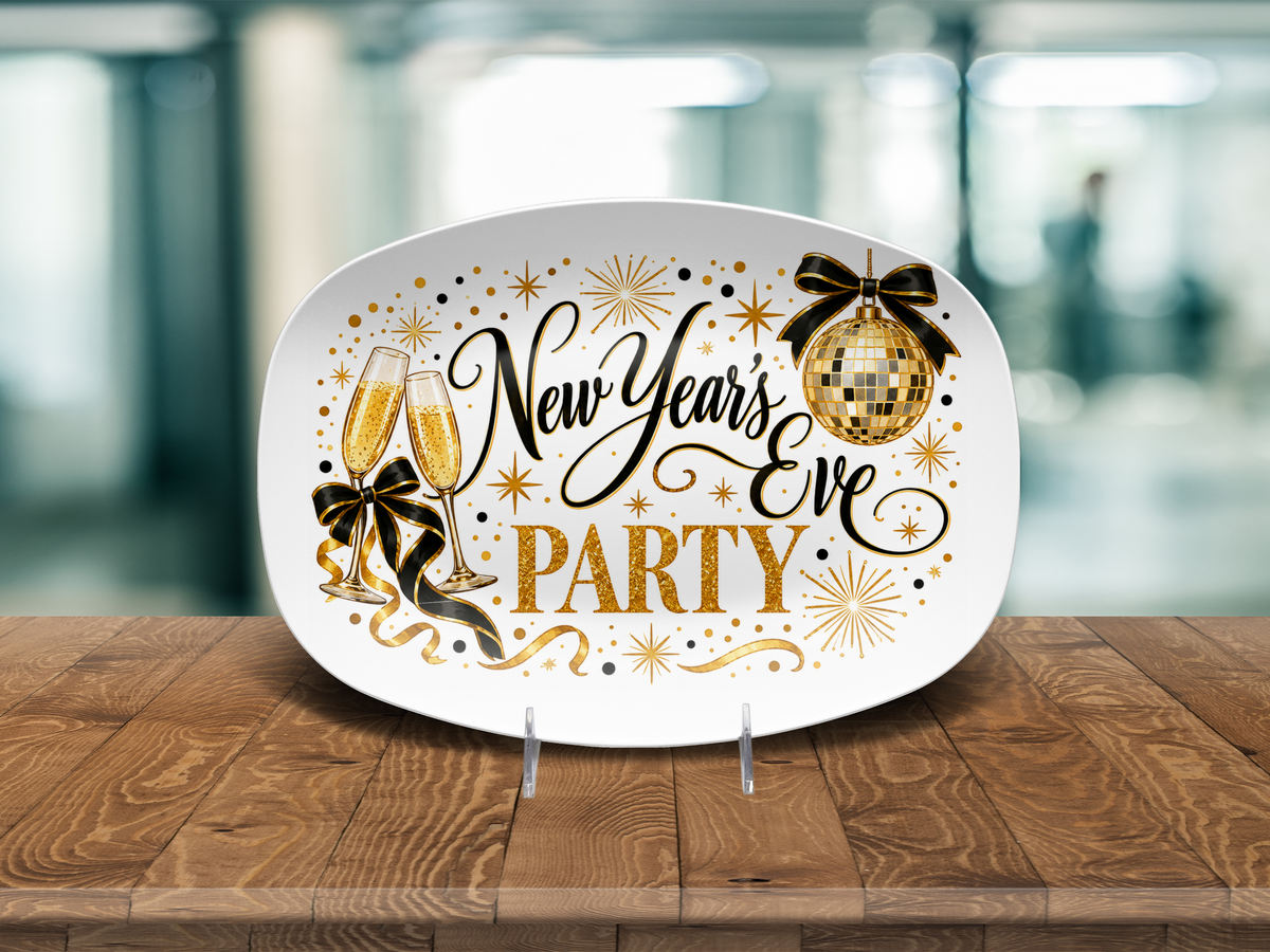 New Year's Eve Party Serving Platter, Black and Gold Champagne Celebration Decor, Oval Holiday Entertaining Dish, Microwave Safe, 10 x 14
