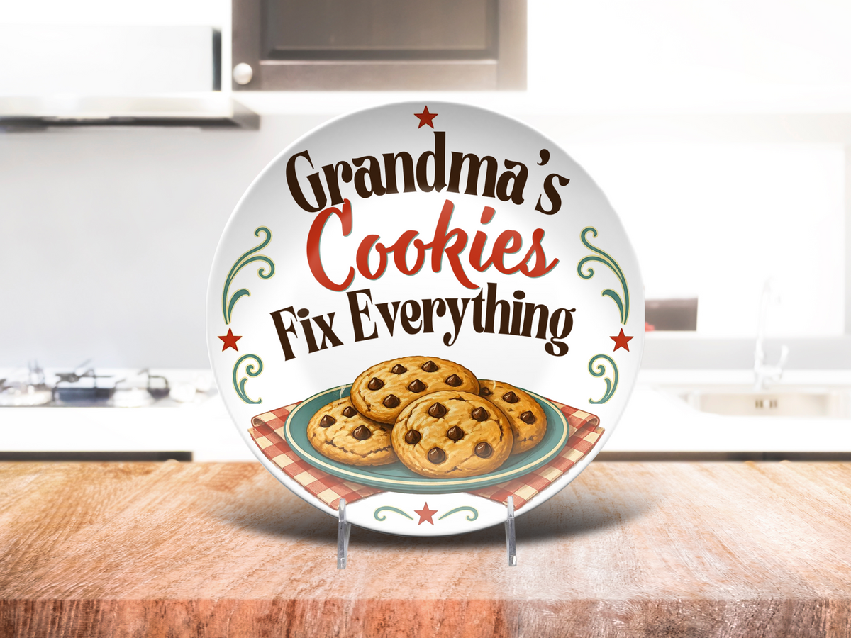Grandma's Cookies Fix Everything Plate, Grandparent Gift With Stand Option, Unbreakable Not Ceramic