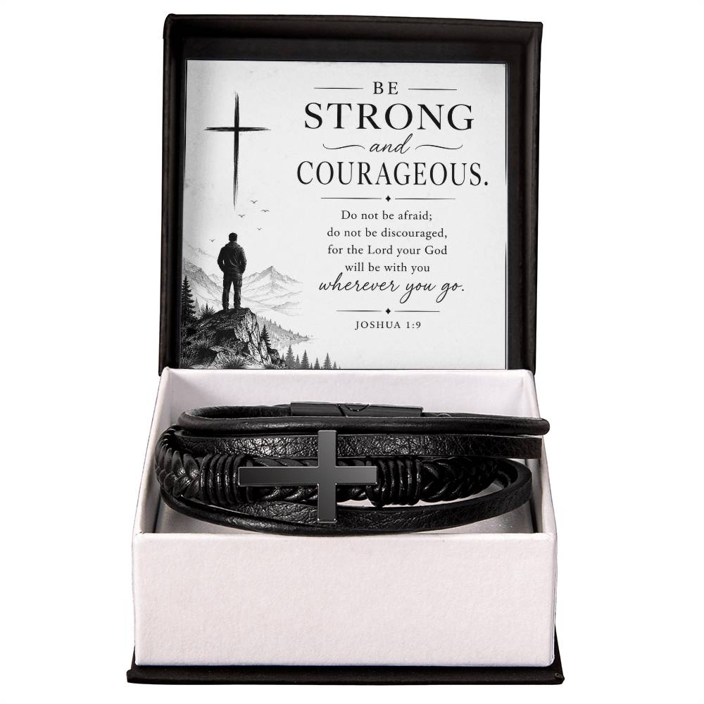 Men's Cross Leather Bracelet, Christian Gift for Him, Joshua 1:9 Courage Bracelet, Faith Gift for Husband, Boyfriend, Dad or Friend