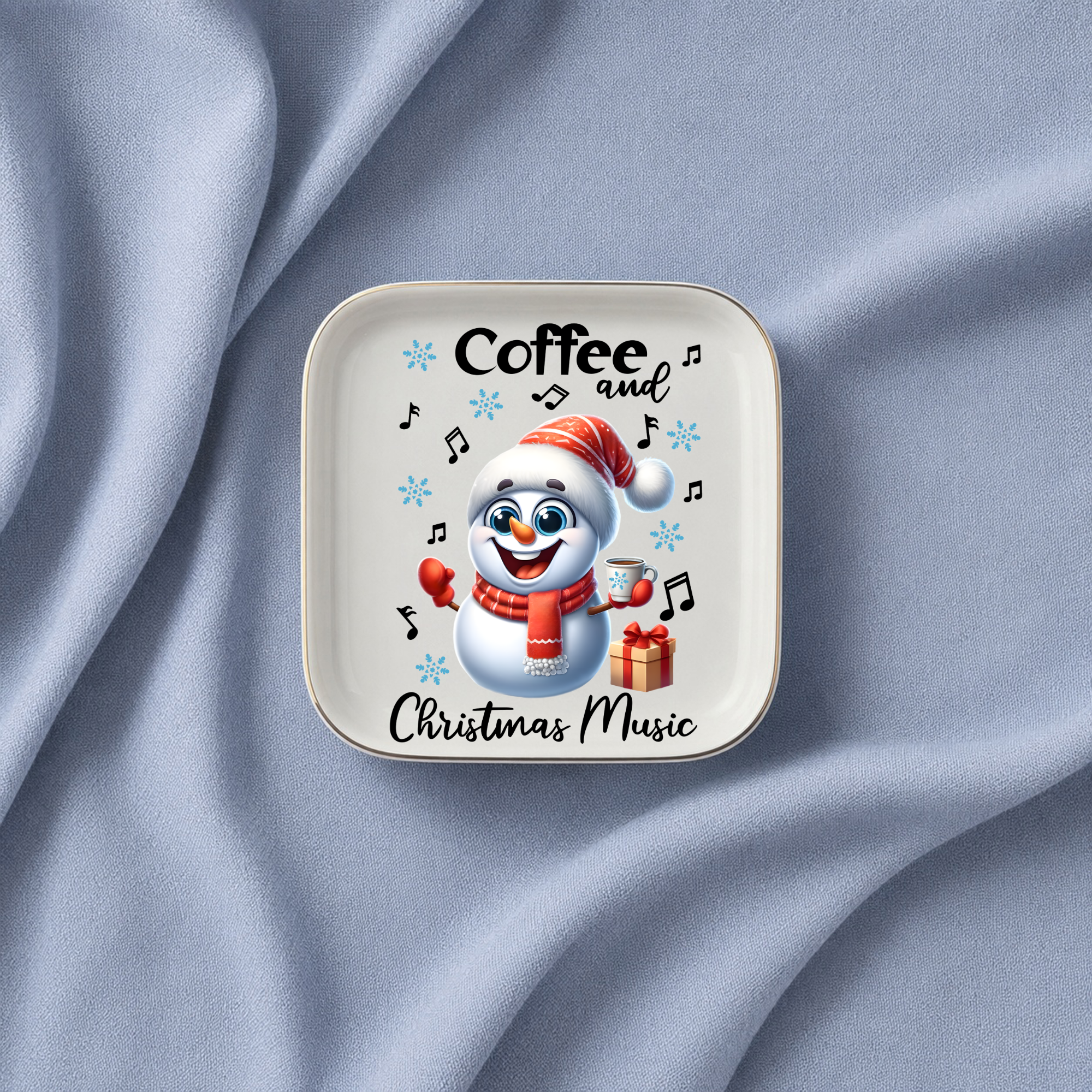 Christmas Music Snowman Jewelry Dish, Coffee and Holiday Music Ring Holder, Festive Winter Jewelry Tray, Christmas Gift Idea for Music Lover
