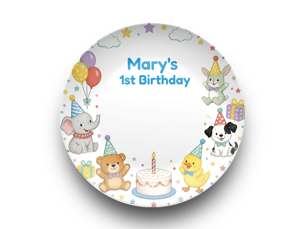 Personalized 1st Birthday Plate, Cute Animal Birthday Party Keepsake, Custom Celebration Decor Gift, 10 Inch UNBREAKABLE Plate– Not Ceramic,