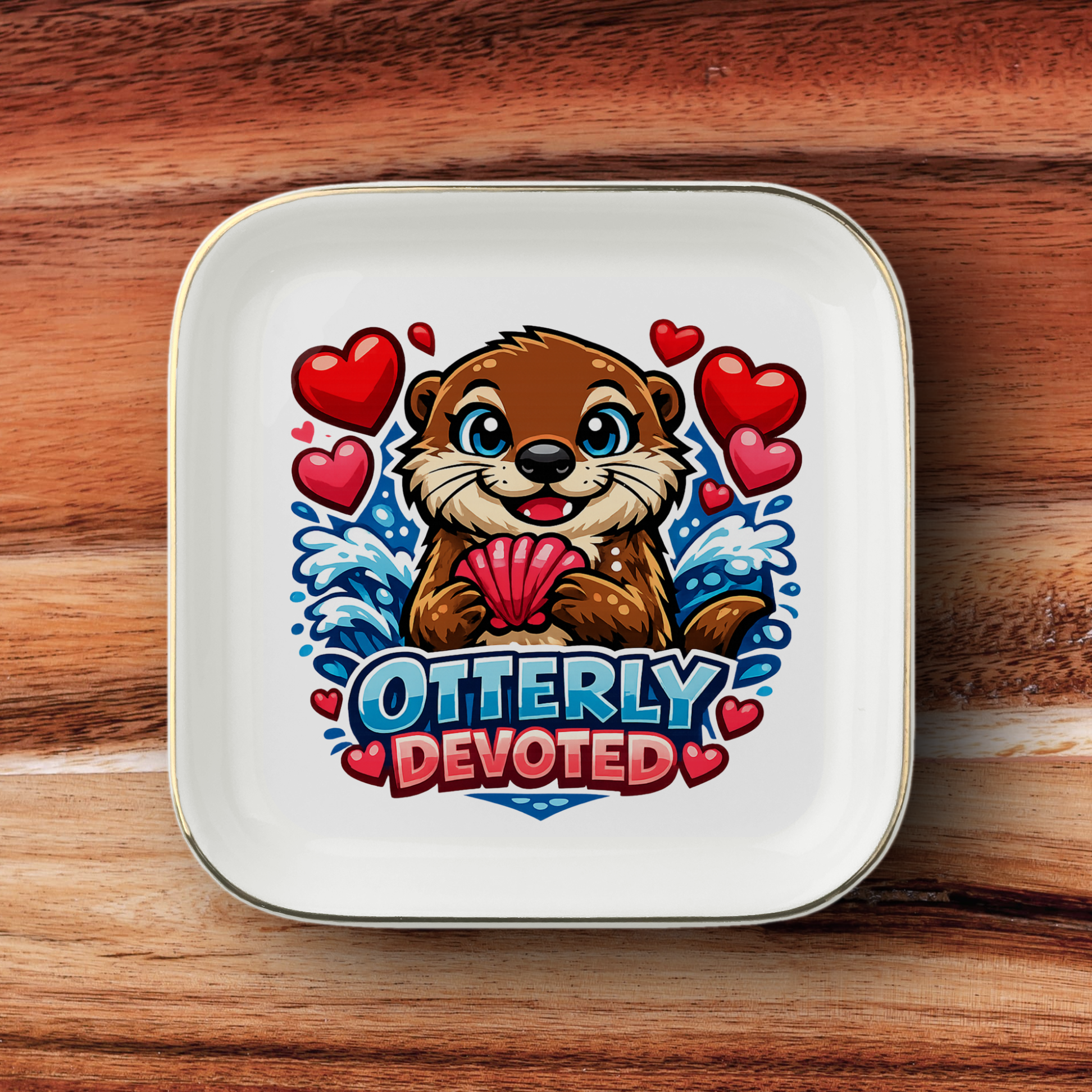 Otterly Devoted Jewelry Dish, Cute Otter Lover Gift, Romantic Heart Trinket Tray, Gold Trim Ceramic Keepsake Dish, Animal Lover Decor