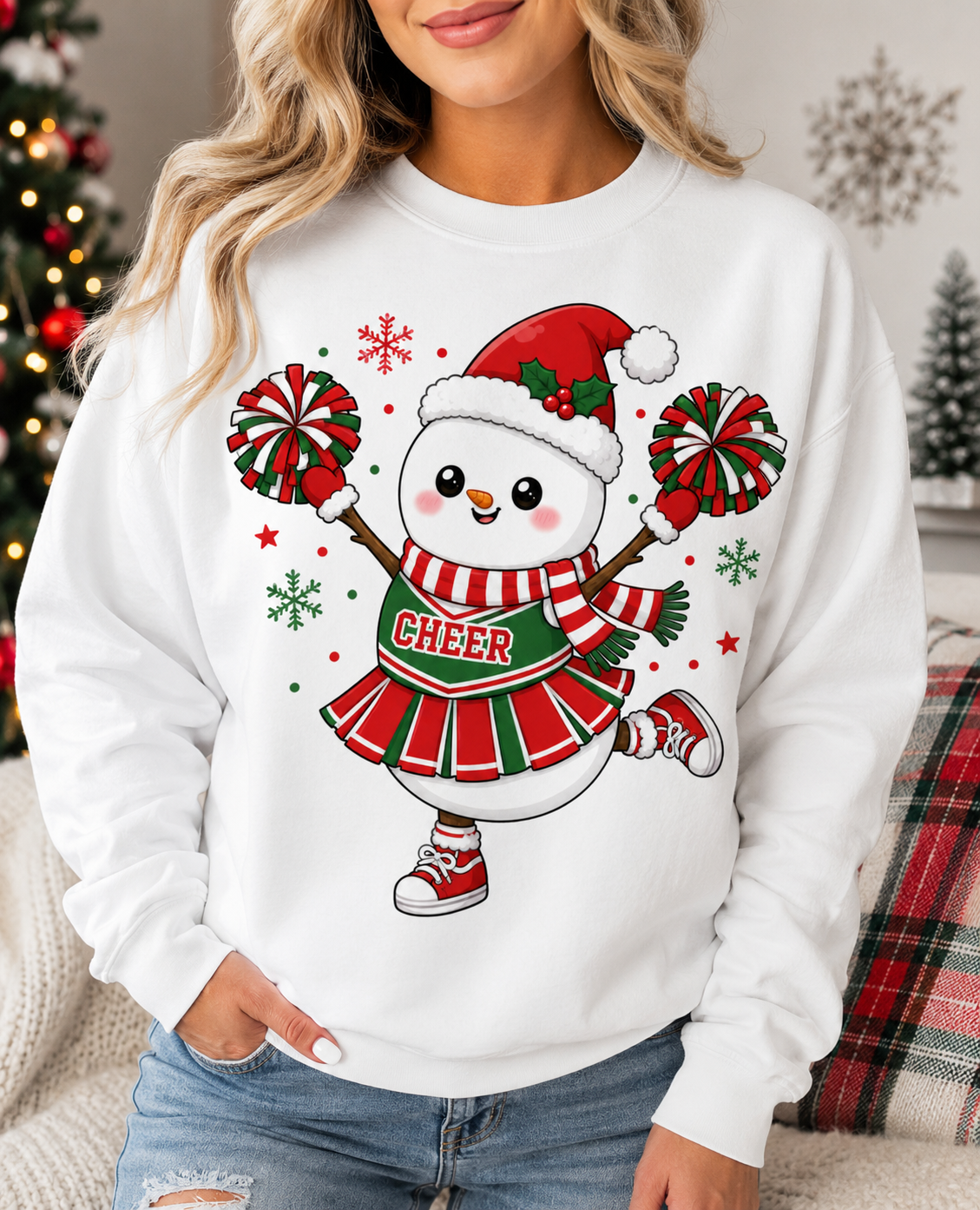 Christmas Cheerleader Snowman Sweatshirt, Cute Holiday Cheer Crewneck, Festive Winter Cheer Gift, Cheer Mom Christmas Sweatshirt