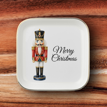 Nutcracker Christmas Jewelry Dish, Merry Christmas Trinket Tray, Gold Trim Ceramic Ring Holder, Holiday Gift for Nutcracker Lovers