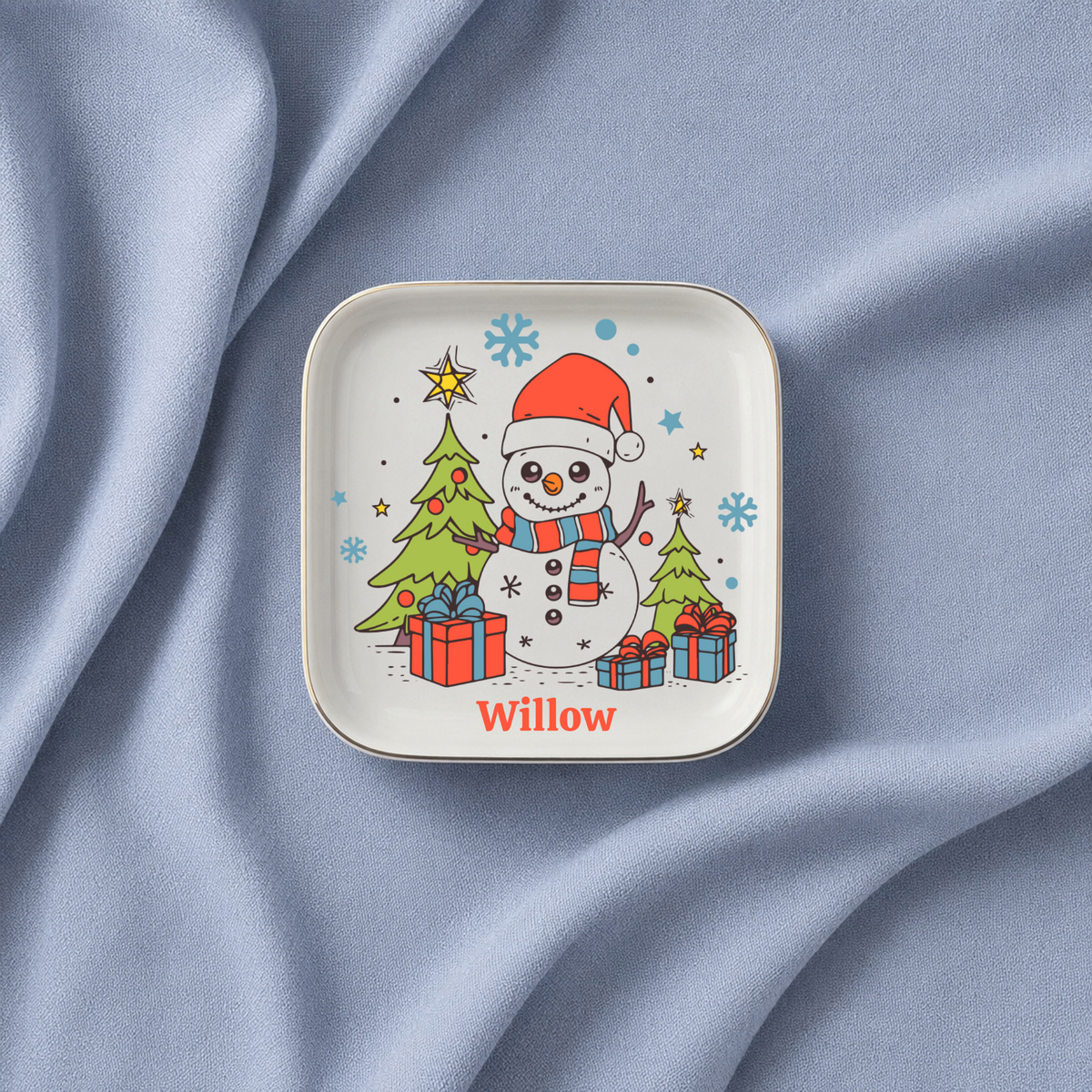 Personalized Christmas Jewelry Dish, Snowman Ring Holder, Winter Tree Trinket Tray, Holiday Gift Ceramic Dish