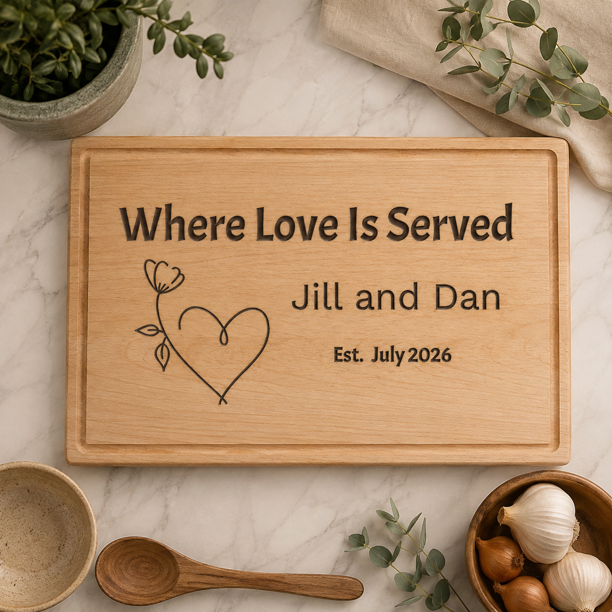 Personalized Engraved Cutting Board, "Where Love Is Served" Heart Design, Wedding Gift