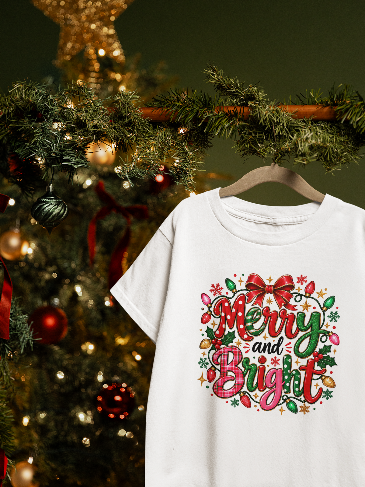 Merry and Bright Christmas T-Shirt, Colorful Holiday Lights Shirt, Festive Christmas Tee, Cute Xmas Graphic Shirt