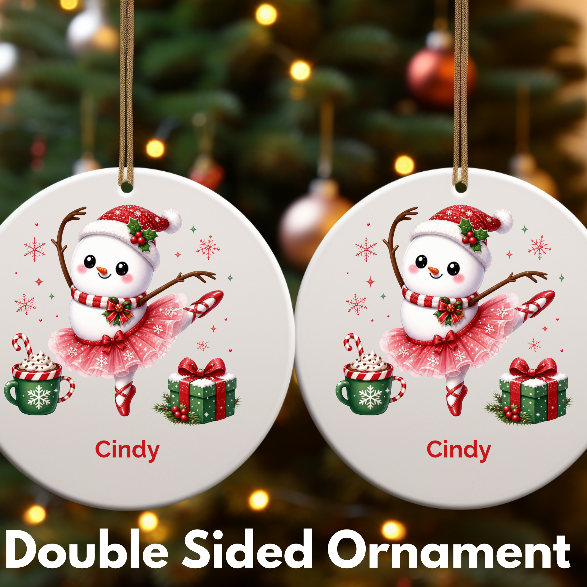Personalized Ballet Snowman Ornament, Custom Name Christmas Keepsake, Double-Sided Ceramic, Ballet Dancer Gift Decoration, Gift Box Optional