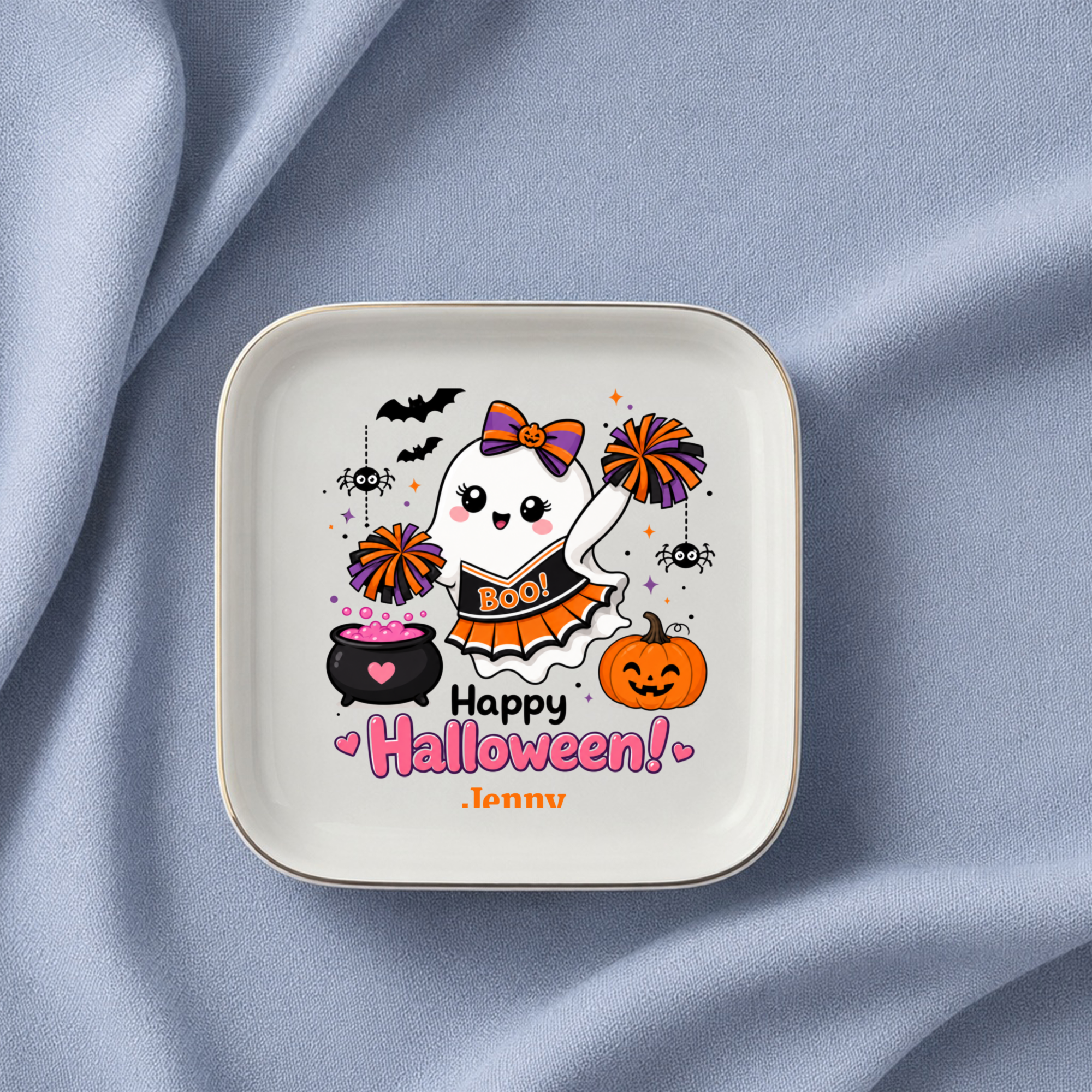 Halloween Gift for Cheerleaders, Personalized Halloween Jewelry Dish, Cute Ghost Trinket Tray, Ring Holder