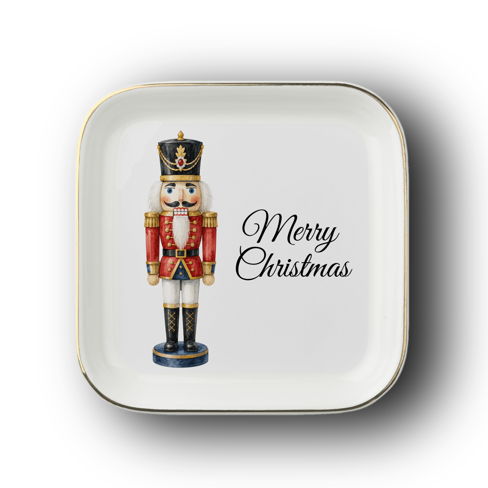 Nutcracker Christmas Jewelry Dish, Merry Christmas Trinket Tray, Gold Trim Ceramic Ring Holder, Holiday Gift for Nutcracker Lovers