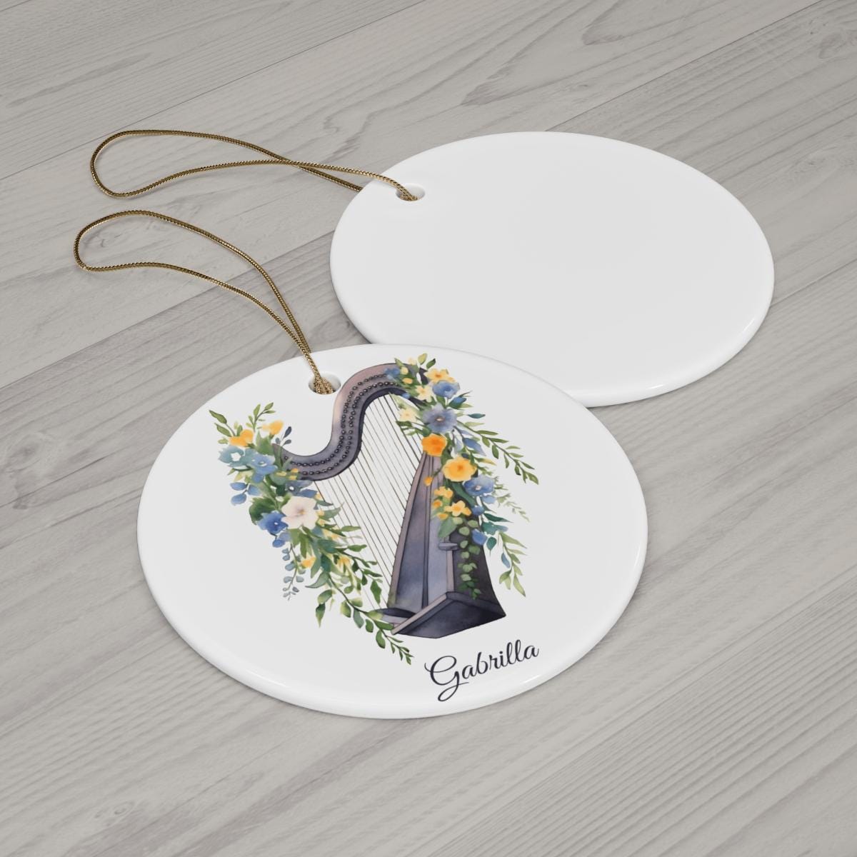 Personalized Harp Ornament – Custom Name Ceramic Christmas Tree Decoration, Gift for Harpist, Music Student, or Teacher