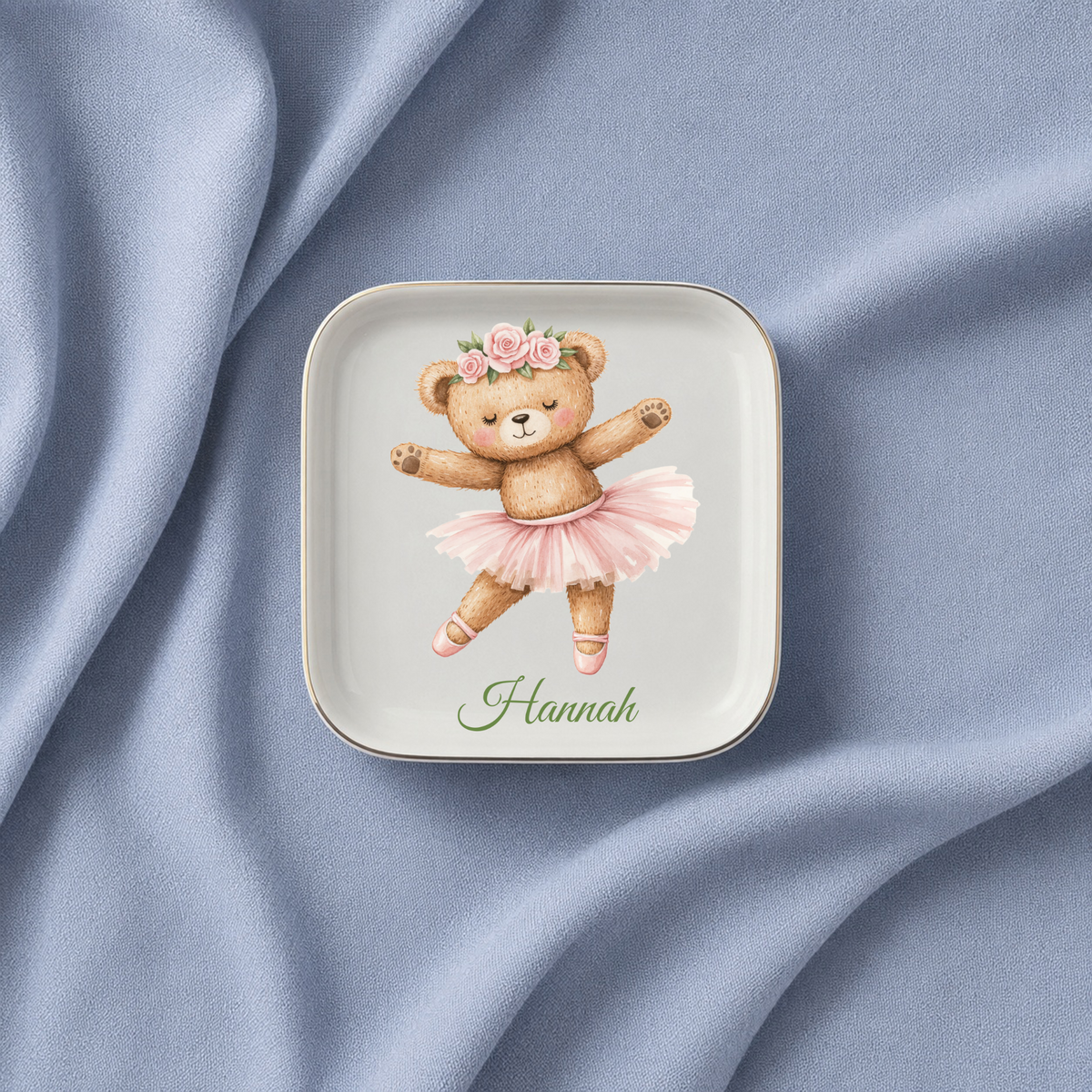 Personalized Ballerina Bear Jewelry Dish, Floral Teddy Bear Trinket Tray, Custom Name Keepsake Gift for Girl, Nursery Decor Accessory