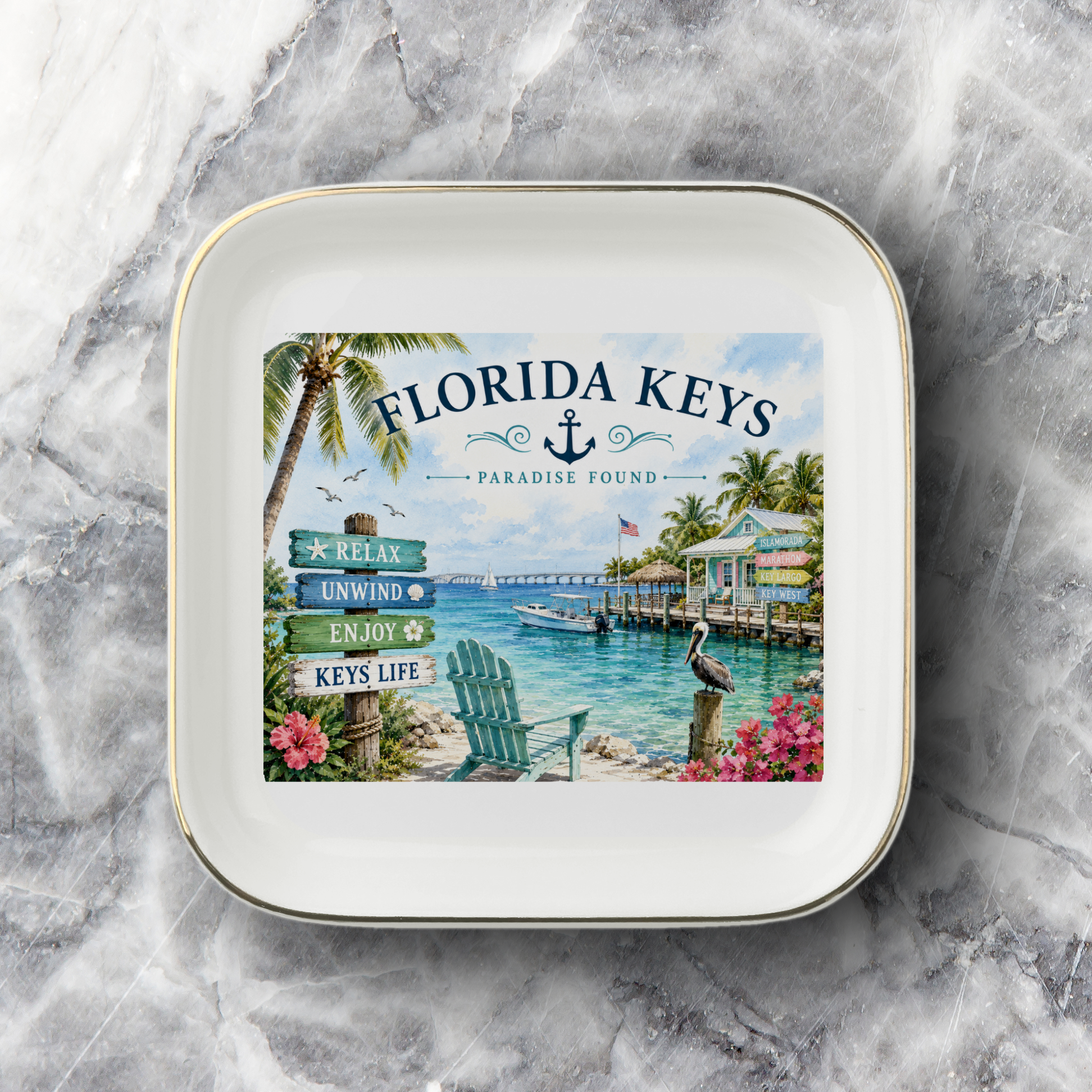 Florida Keys Jewelry Dish, Key West Trinket Tray, Coastal Island Decor, Tropical Beach Souvenir Gift, Gold-Trimmed Ceramic Dish 4.5"