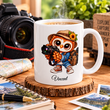 Photographer Gift, Personalized Photography Owl Coffee Mug,  Camera Lover Mug, Bird Photographer Gift