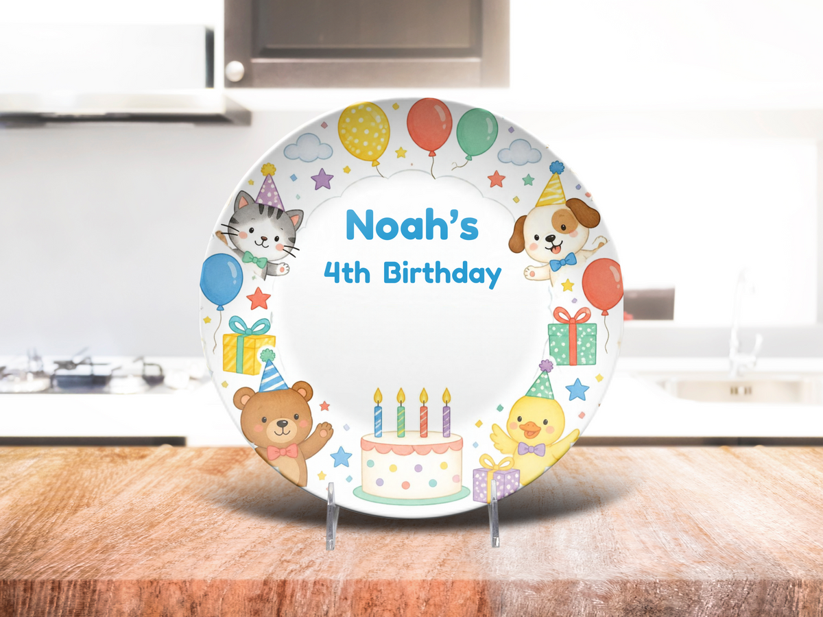 4th Birthday Plate, Personalized Kids Birthday Party Decor, Animal Celebration Keepsake Gift, 10 Inch, UNBREAKABLE – Not Ceramic