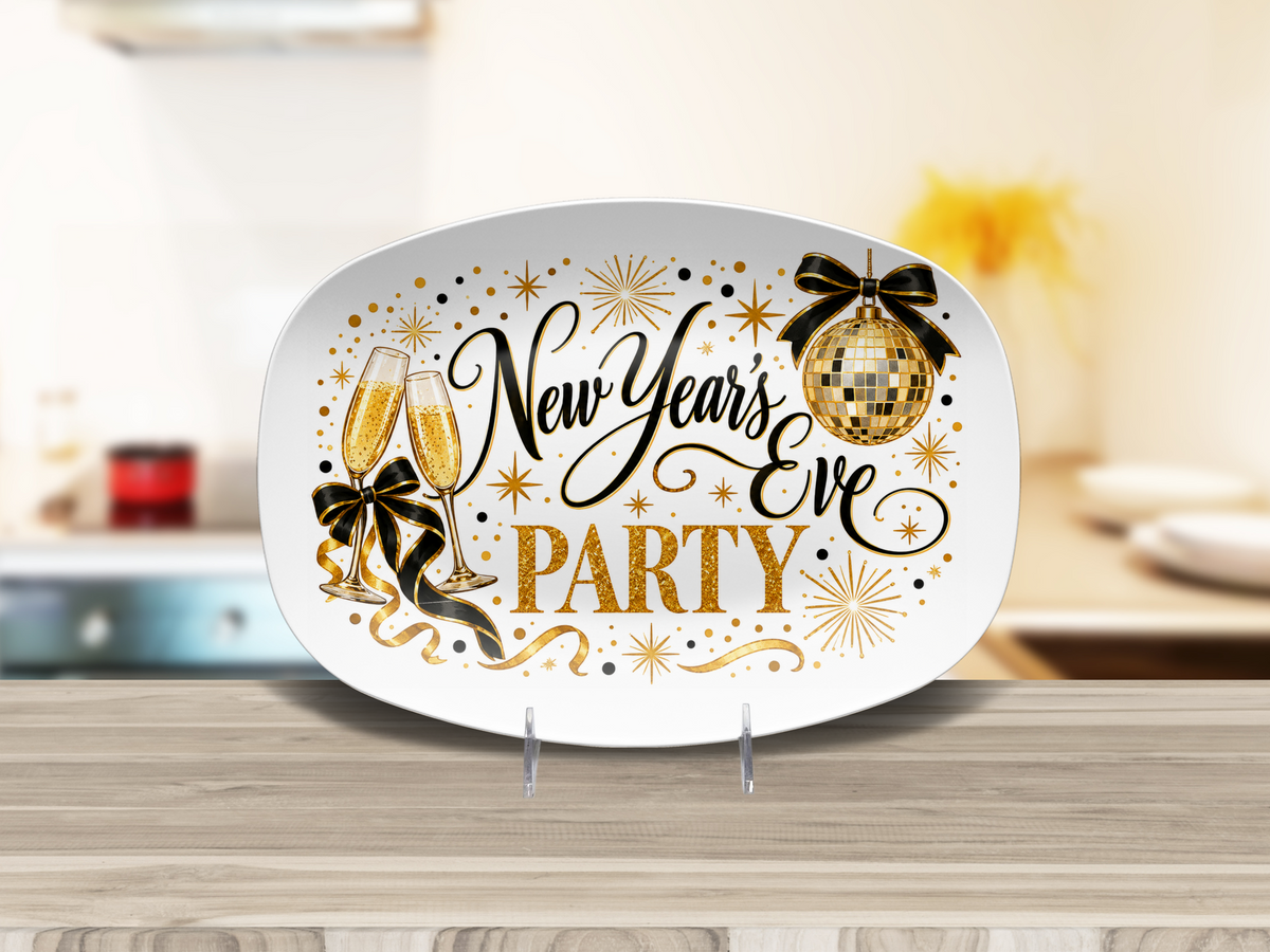 New Year's Eve Party Serving Platter, Black and Gold Champagne Celebration Decor, Oval Holiday Entertaining Dish, Microwave Safe, 10 x 14