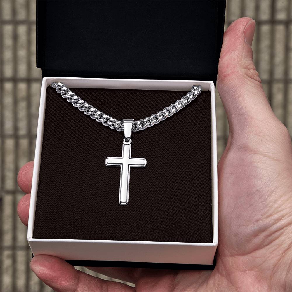 Steadfast Cross Necklace for Men with Cuban Link Chain, Optional Personalized Back Engraving, Christian Faith Gift for Him, Religious Jewelry
