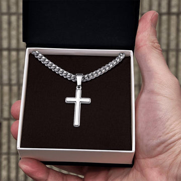Steadfast Cross Necklace for Men with Cuban Link Chain, Optional Personalized Back Engraving, Christian Faith Gift for Him, Religious Jewelry
