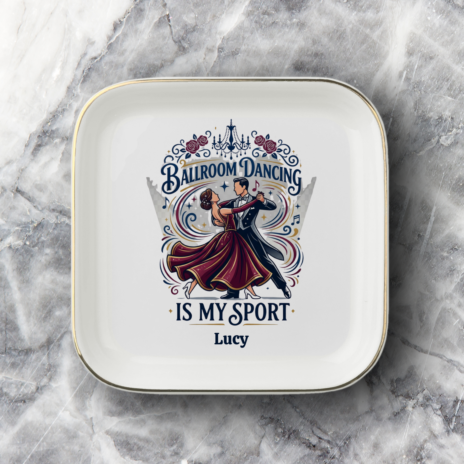 Personalized Ballroom Dancing Jewelry Dish, Dancer Gift, Dance Lover Tray, Ceramic Ring Holder, Ballroom Dance Decor, Gold Trim Keepsake Dish