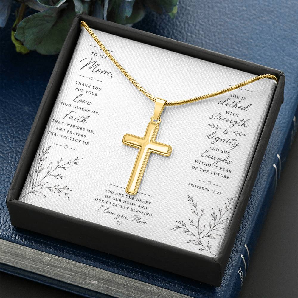 Cross Necklace for Mom, Christian Faith Jewelry, Mother's Day Gift, Proverbs 31:25 Religious Pendant