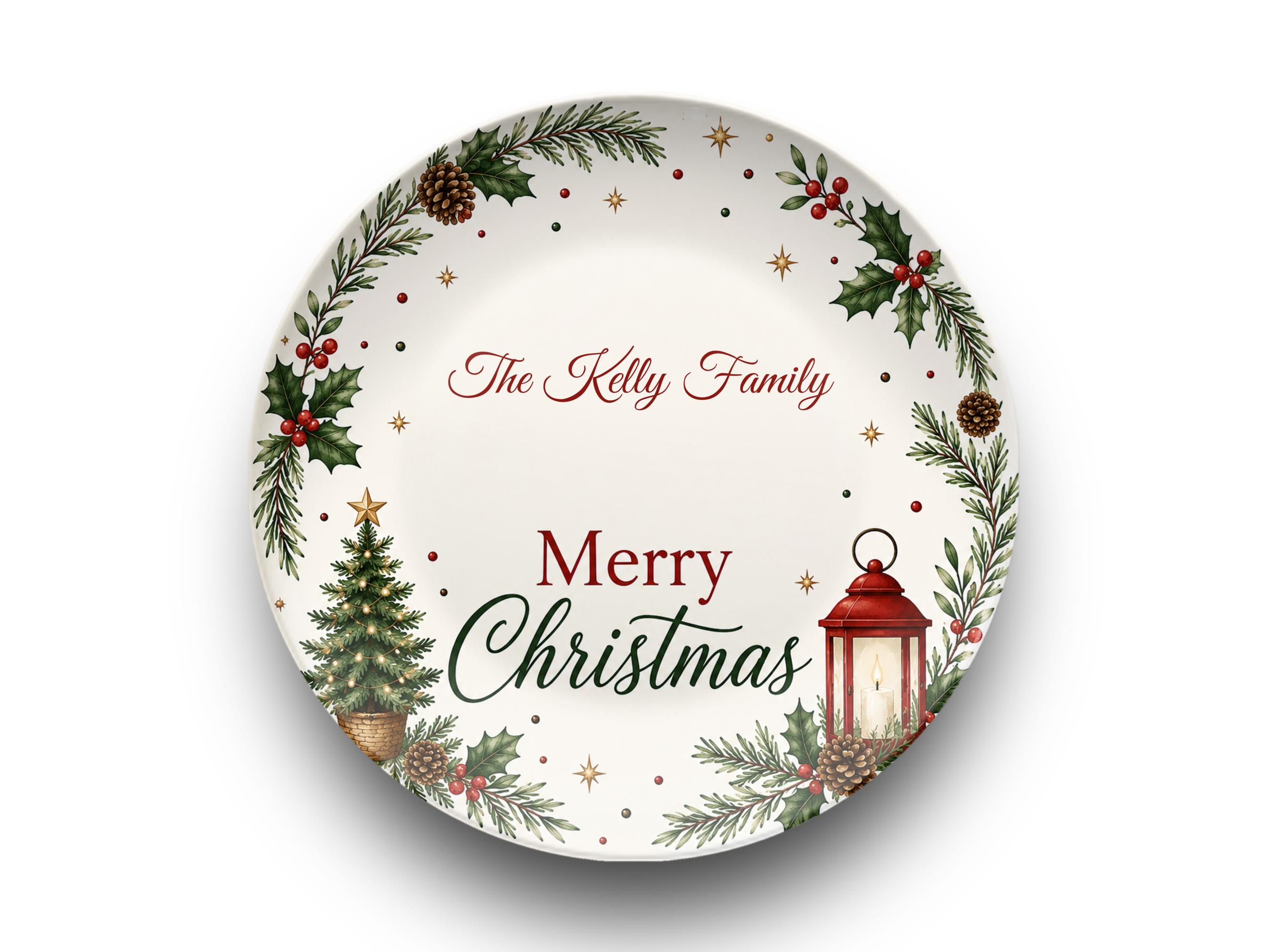 Personalized Christmas Family Plate, Merry Christmas Holiday Dinnerware, Festive Holly Pine Tree Lantern Seasonal Serving Plate Gift