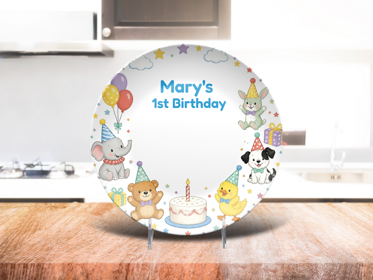 Personalized 1st Birthday Plate, Cute Animal Birthday Party Keepsake, Custom Celebration Decor Gift, 10 Inch UNBREAKABLE Plate– Not Ceramic,