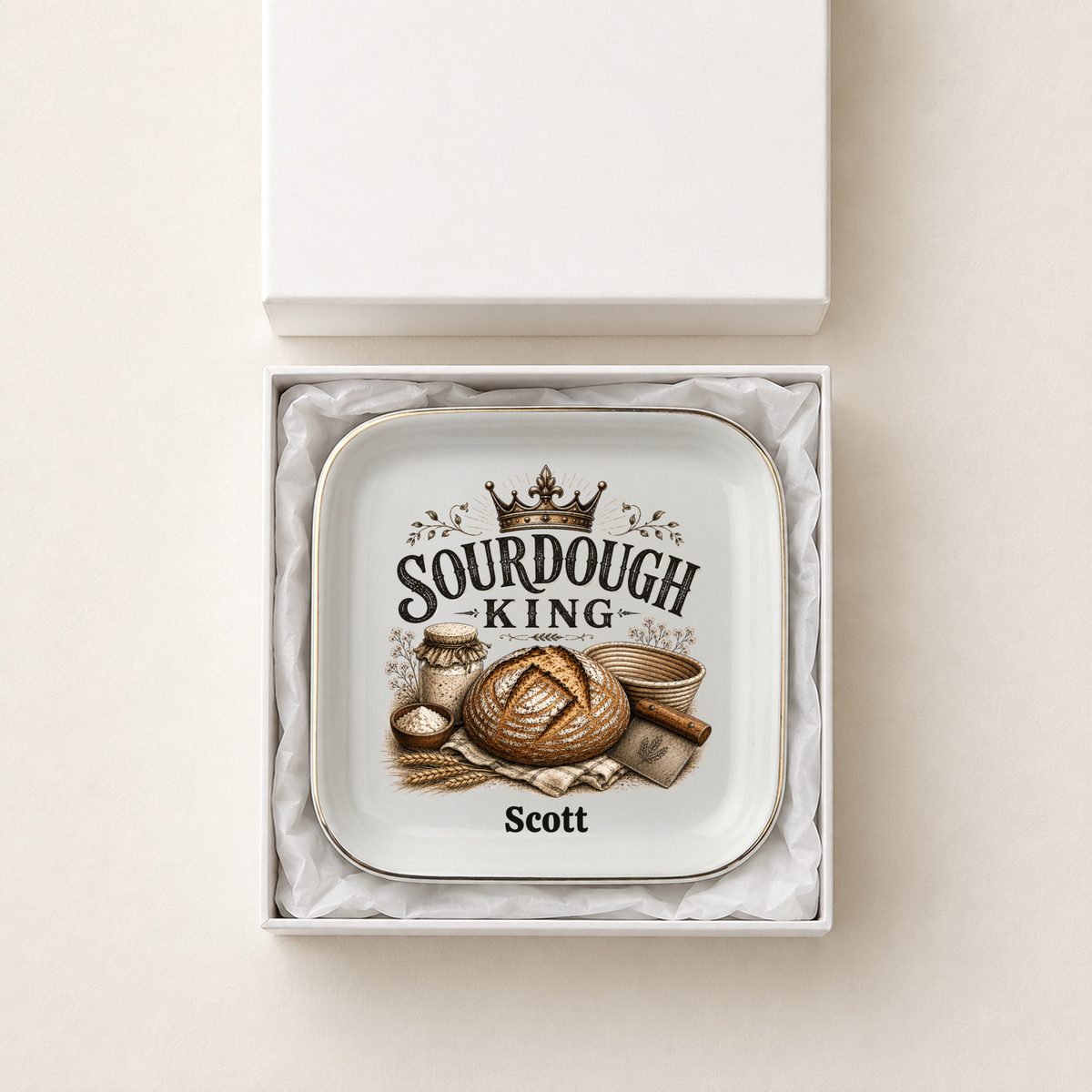 Personalized Sourdough King Jewelry Dish, Custom Baker Gift, Bread Lover Keepsake Ring Tray, Ceramic Trinket Dish for the Kitchen