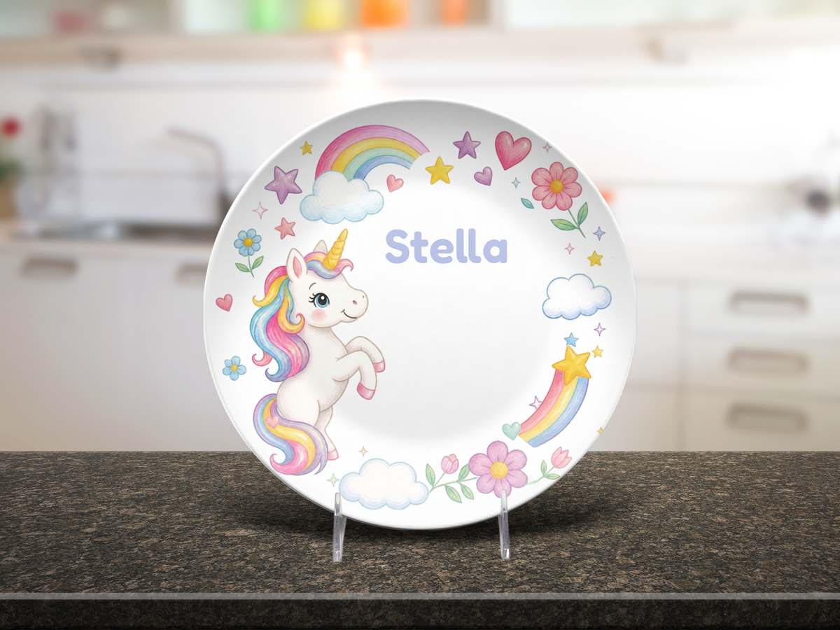 Unicorn Plate, Personalized Rainbow Unicorn Decor, Magical Name Plate, Durable Kids Room Gift, UNBREAKABLE – Not Ceramic