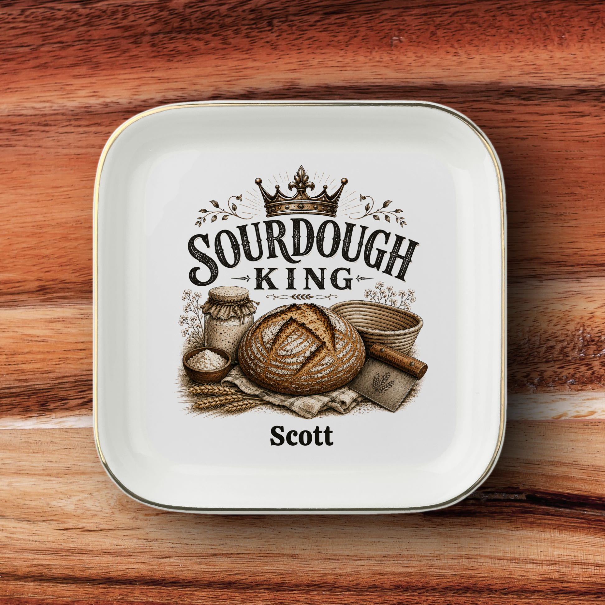 Personalized Sourdough King Jewelry Dish, Custom Baker Gift, Bread Lover Keepsake Ring Tray, Ceramic Trinket Dish for the Kitchen