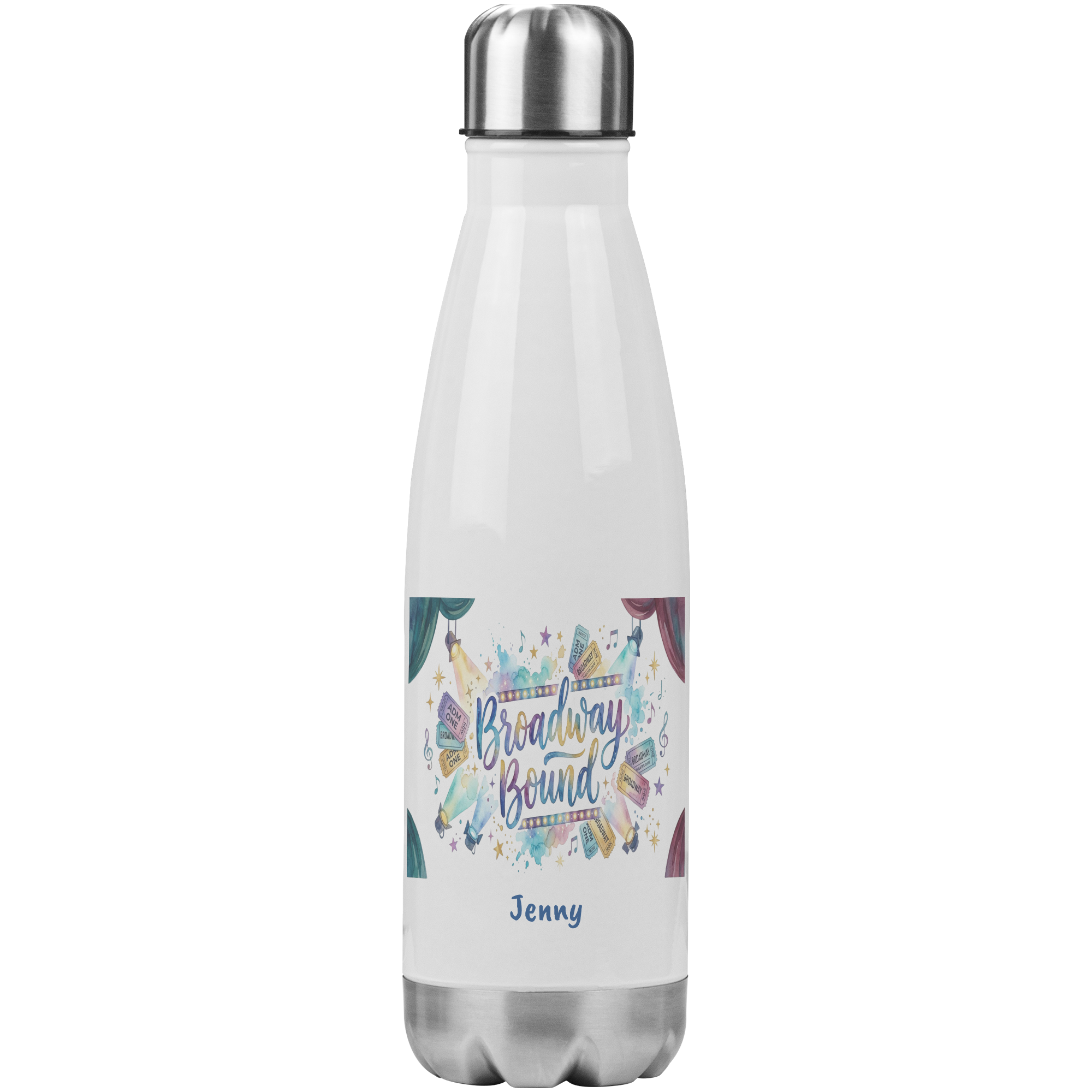 Broadway Bound Water Bottle, Musical Theatre Lover Gift,  20oz Insulated Bottle, Stainless Steel Tumbler, Personalized Gift,