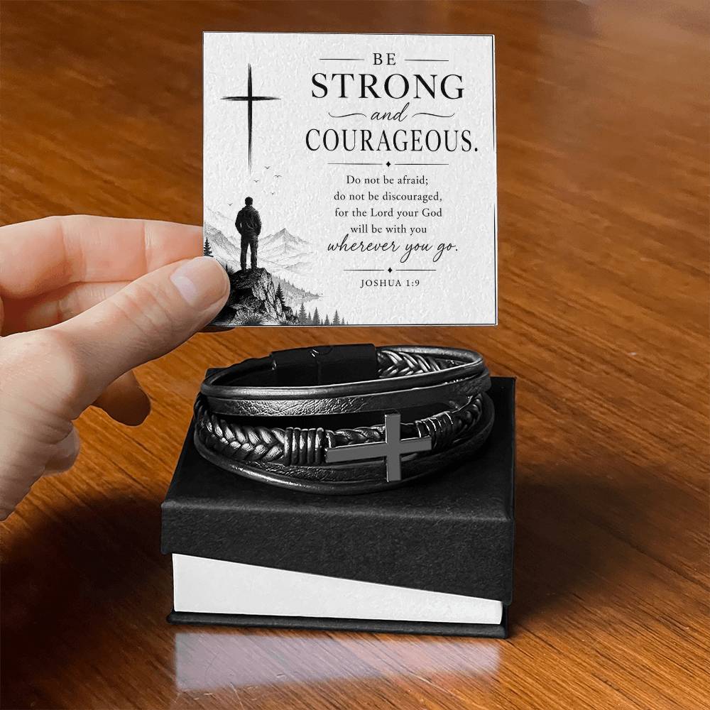Men's Cross Leather Bracelet, Christian Gift for Him, Joshua 1:9 Courage Bracelet, Faith Gift for Husband, Boyfriend, Dad or Friend